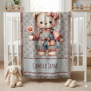 Pastel Teddy Bear Holding Flower Wearing Overalls Throw Blanket