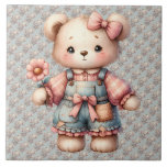 Pastel Teddy Bear Holding Flower Wearing Overalls Tile<br><div class="desc">This sweet pastel teddy bear design captures a heartwarming, storybook charm with its soft, textured brushwork and cosy vintage aesthetic. Dressed in distressed denim overalls adorned with a pink bow and gingham patchwork, the bear holds a delicate daisy-like flower, radiating innocence and gentle warmth. Large, glossy eyes and blushing cheeks...</div>