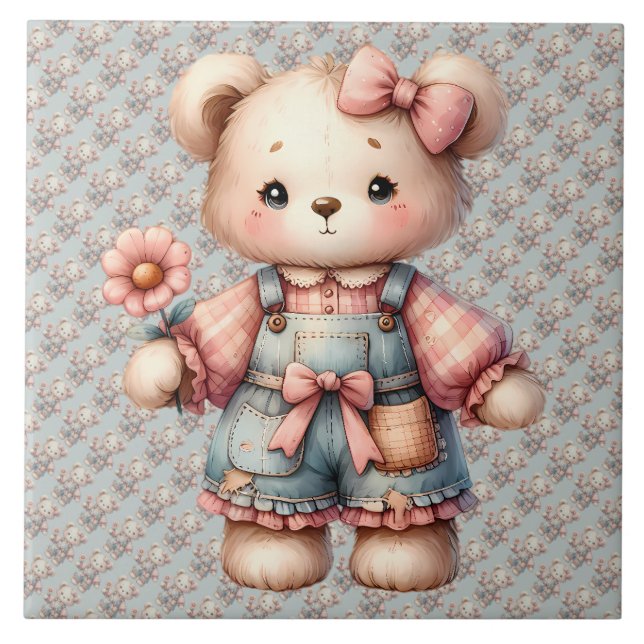 Pastel Teddy Bear Holding Flower Wearing Overalls Tile (Front)