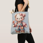 Pastel Teddy Bear Holding Flower Wearing Overalls Tote Bag<br><div class="desc">This sweet pastel teddy bear design captures a heartwarming, storybook charm with its soft, textured brushwork and cosy vintage aesthetic. Dressed in distressed denim overalls adorned with a pink bow and gingham patchwork, the bear holds a delicate daisy-like flower, radiating innocence and gentle warmth. Large, glossy eyes and blushing cheeks...</div>