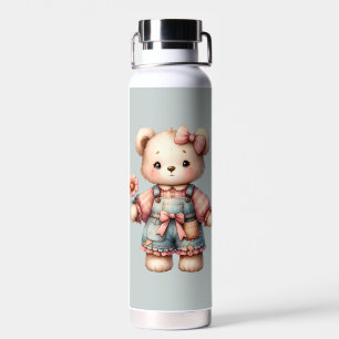 Pastel Teddy Bear Holding Flower Wearing Overalls Water Bottle