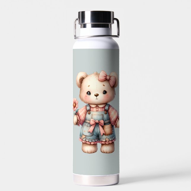 Pastel Teddy Bear Holding Flower Wearing Overalls Water Bottle (Back)