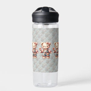 Pastel Teddy Bear Holding Flower Wearing Overalls Water Bottle