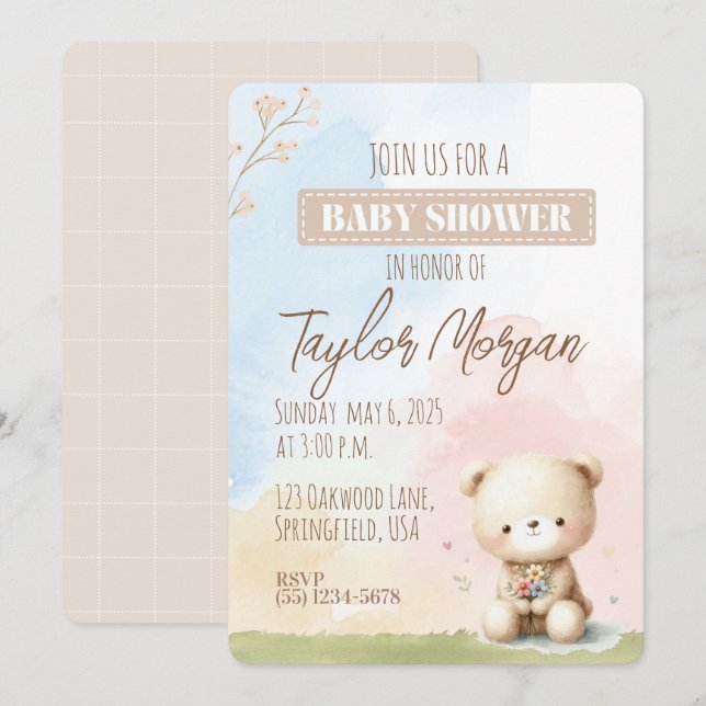 Pastel Teddy Bear  Invitation (Front/Back)