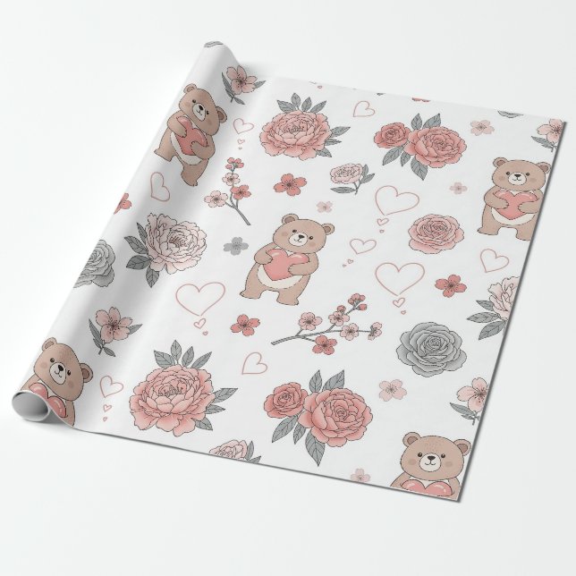 Pastel Teddy Bear Nursery Pattern Wrapping Paper (Unrolled)