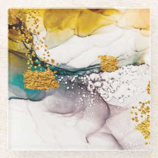 Pastel tenderness: golden swirls art. glass coaster