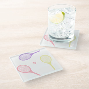 Pastel Tennis Rackets with Tennis Ball Glass Coaster