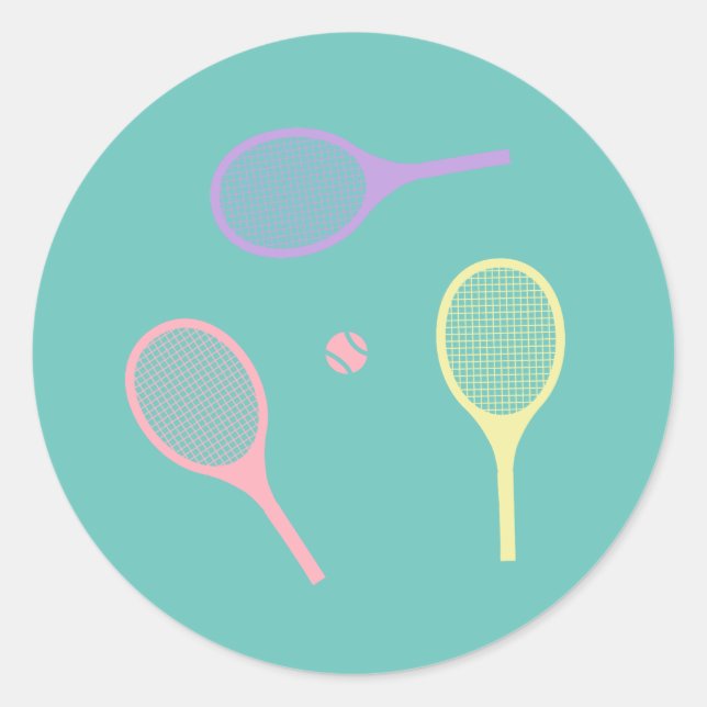 Pastel Tennis Rackets with Tennis Ball on Green   Classic Round Sticker (Front)