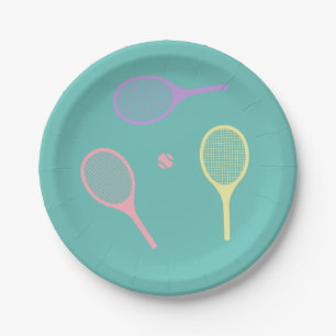 Pastel Tennis Rackets with Tennis Ball on Green    Paper Plate