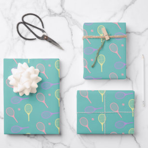 Pastel Tennis Rackets with Tennis Ball on Green   Wrapping Paper Sheet