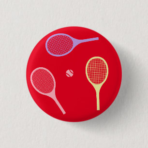Pastel Tennis Rackets with Tennis Ball on Red 3 Cm Round Badge