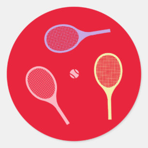 Pastel Tennis Rackets with Tennis Ball on Red Classic Round Sticker