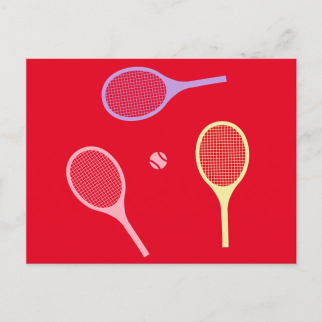 Pastel Tennis Rackets with Tennis Ball on Red      Postcard (Front)