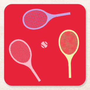 Pastel Tennis Rackets with Tennis Ball on Red Square Paper Coaster
