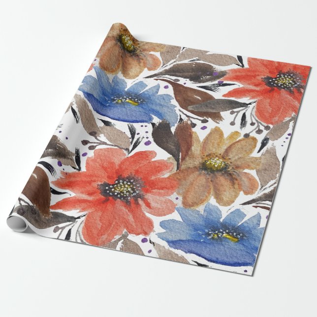 Pastel Terracotta Blue Floral Watercolor Pattern Wrapping Paper (Unrolled)