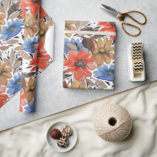 Pastel Terracotta Blue Floral Watercolor Pattern Wrapping Paper