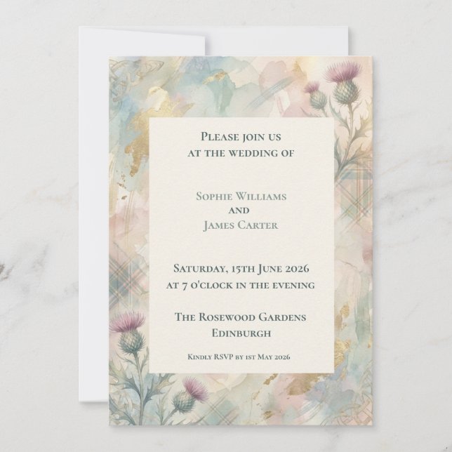 Pastel Thistle Tartan Scottish Wedding Invitation (Front)