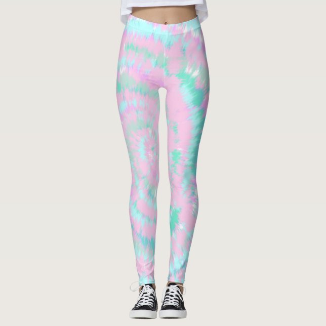 Pastel Tie Dye Pattern Pink Aqua Mint Green Leggings (Front)