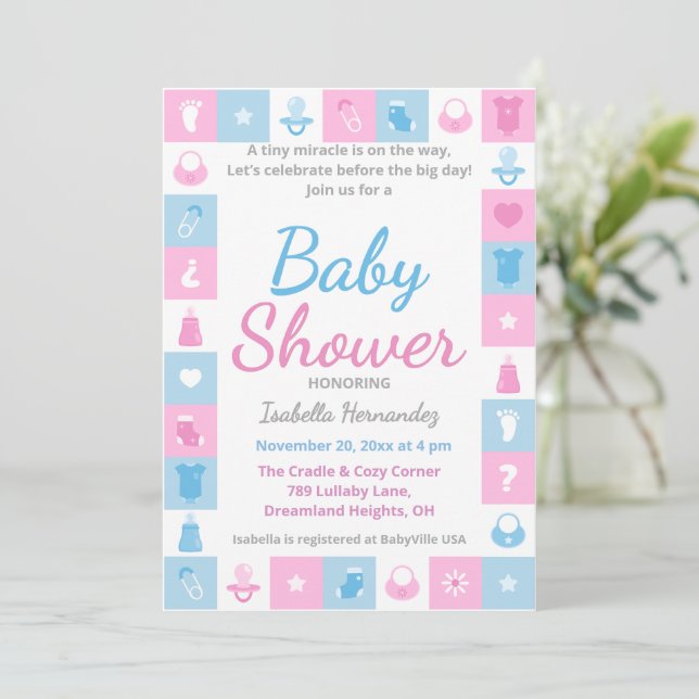 Pastel Tiny Icons Baby Shower Invitation (Standing Front)