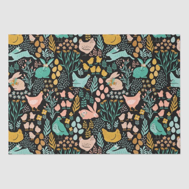 Pastel tones Easter symbols pattern on black Tissue Paper (Front)