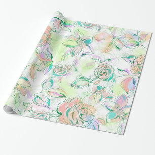 Pastel Tones Hand Paint Roses Wrapping Paper