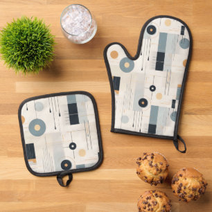 Pastel tones mid-century geometric pattern oven mitt & pot holder set