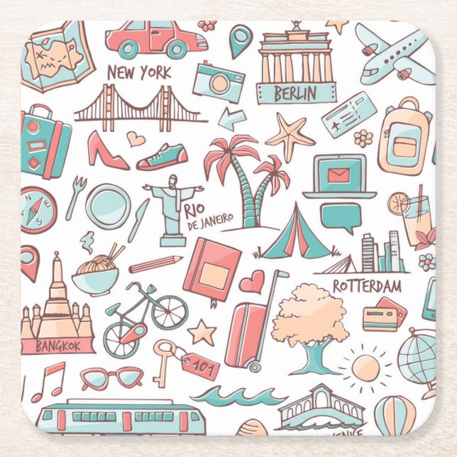 Pastel Tourist Pattern Square Paper Coaster (Front)