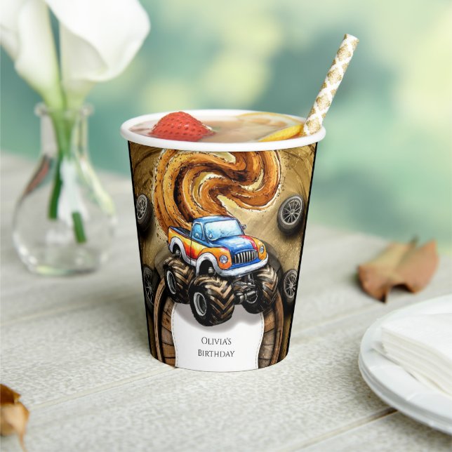 Pastel Track Monster Truck Birthday Paper Cups (Insitu)