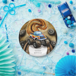 Pastel Track Monster Truck Birthday Paper Plate
