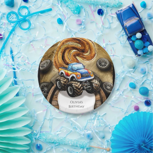 Pastel Track Monster Truck Birthday Paper Plate (Party)