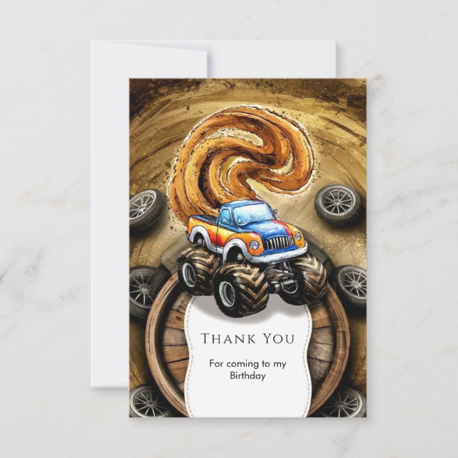 Pastel Track Monster Truck Birthday Thank You Card (Front)