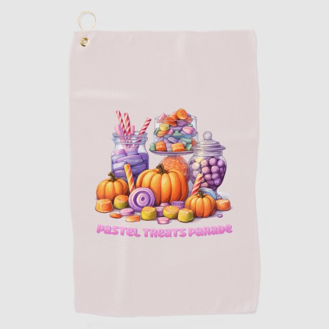 Pastel Treats Parade – Cute Candy & Pumpkin Golf Towel (Front)