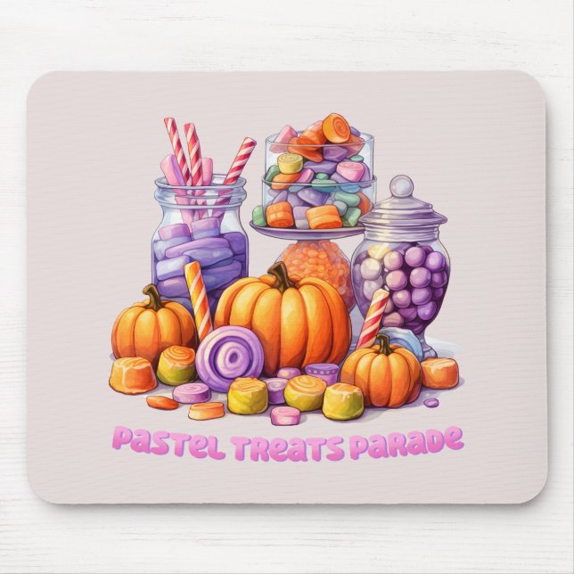 Pastel Treats Parade – Cute Candy & Pumpkin Mouse Mat (Front)