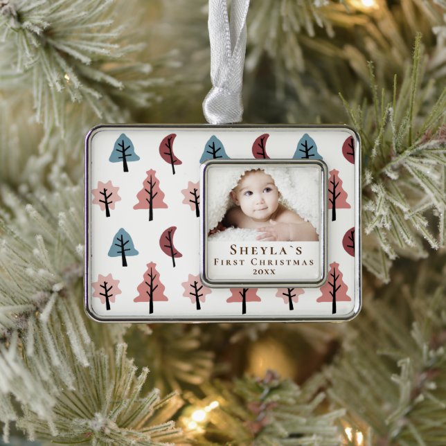 Pastel Tree Pattern Baby`s First Christmas Photo Silver Plated Framed Ornament (Tree)