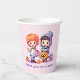 Pastel Trick or Treaters - Cartoon Boy and Girl Paper Cups