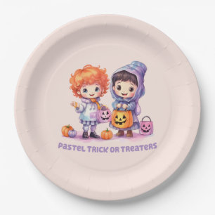 Pastel Trick or Treaters - Cartoon Boy and Girl Paper Plate