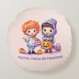 Pastel Trick or Treaters - Cartoon Boy and Girl Round Cushion