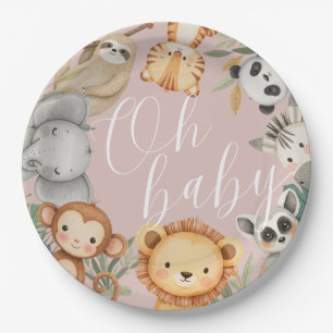 Pastel Tropical baby shower Jungle Safari Animals  Paper Plate