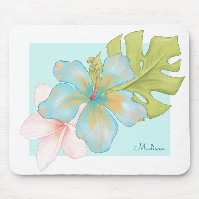 Pastel Tropical Floral Bouquet with Your Name Mouse Mat (Front)