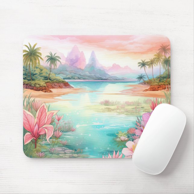 Pastel Tropical Island Beach Sunset Mountains Mouse Mat (With Mouse)