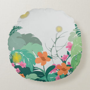 Pastel Tropical Leaves and Flowers Round Cushion
