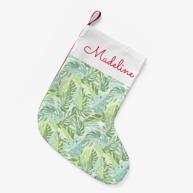 Pastel Tropical Palm Leaves | Add Your Name Small Christmas Stocking (Front (Hanging))