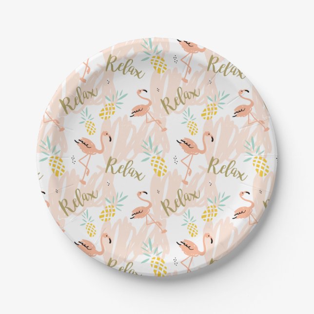 Pastel Tropical Pink Flamingo Pattern Paper Plate (Front)