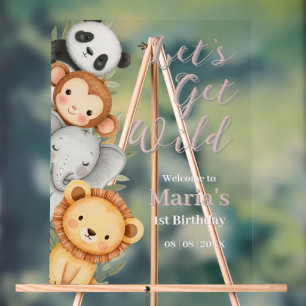 Pastel Tropical Wild One Jungle Safari Animals  Acrylic Sign