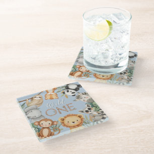 Pastel Tropical Wild One Jungle Safari Animals Glass Coaster