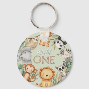 Pastel Tropical Wild One Jungle Safari Animals Key Ring