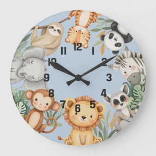 Pastel Tropical Wild One Jungle Safari Animals Large Clock