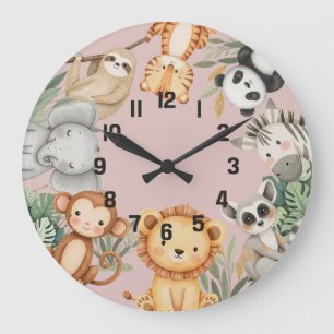 Pastel Tropical Wild One Jungle Safari Animals Large Clock