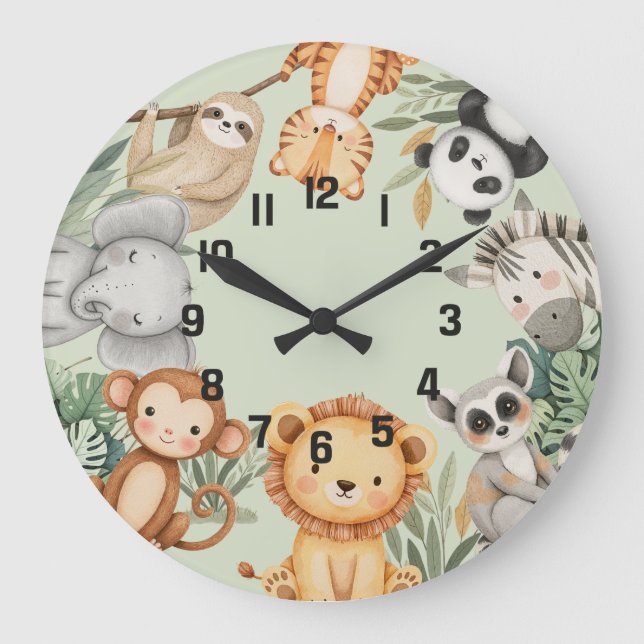 Pastel Tropical Wild One Jungle Safari Animals  Large Clock (Front)