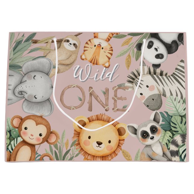 Pastel Tropical Wild One Jungle Safari Animals  Large Gift Bag (Front)